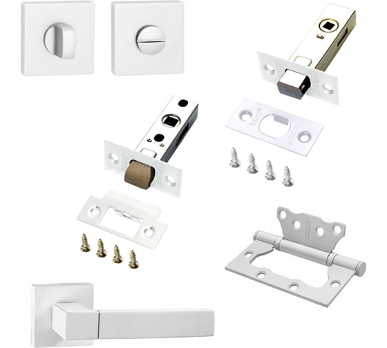 Изображение товара Комплект для межкомнатной двери PAULINIDOR ручки 521-03 + защелка 5-45 + завертка AL 03 + задвижка BK 45 + петли, 2 шт., белый 521-035-45AL03BK452SMSW