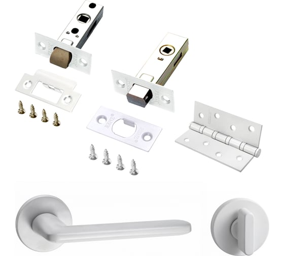 Изображение товара Комплект для межкомнатной двери PAULINIDOR ручки 546-06 slim + защелка 5-45PL + завертка AL 06 slim + задвижка BK45 + врезные петли, 2 шт., белый 546-06slim5-45AL06BK454SMSW