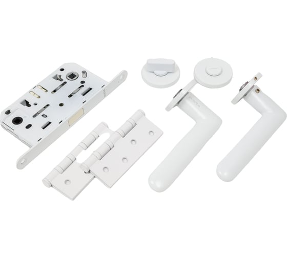 Изображение товара Комплект для межкомнатной двери PAULINIDOR ручки 546-06 slim + сантехническая магнитная защелка 5096 + завертка AL 06 slim + врезные петли, 2 шт., белый 546-06slim5096AL064SMSW