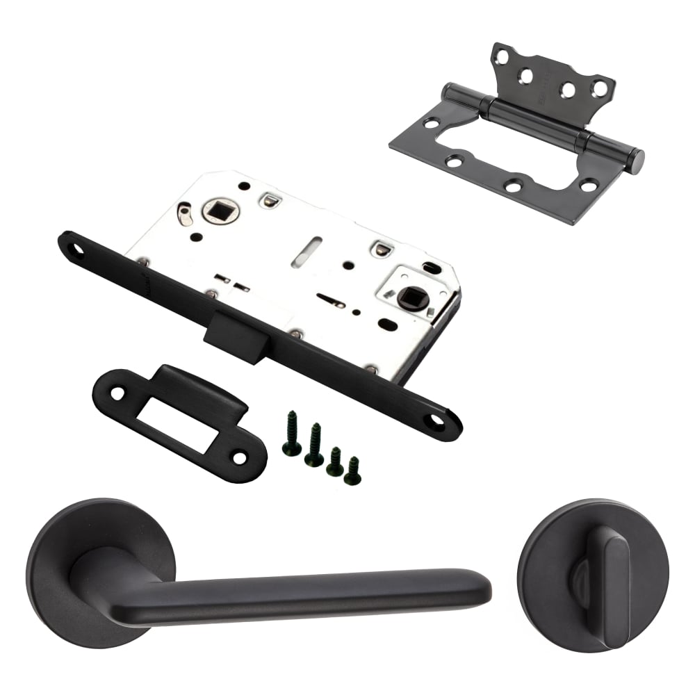 Изображение товара Комплект межкомнатных дверных ручек защелка завертка петли черный PAULINIDOR