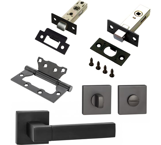 Изображение товара Комплект для межкомнатной двери PAULINIDOR ручки 521-03 + защелка 5-45 + завертка AL 03 + задвижка BK 45 + петли, 2 шт., черный 521-035-45AL03BK452SBL