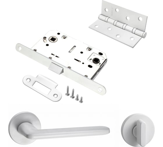 Изображение товара Комплект для межкомнатной двери PAULINIDOR ручки 546-06 slim + сантехническая защелка 96PL + завертка AL 06 slim + врезные петли, 2 шт., белый 546-06slim96PLAL064SMSW