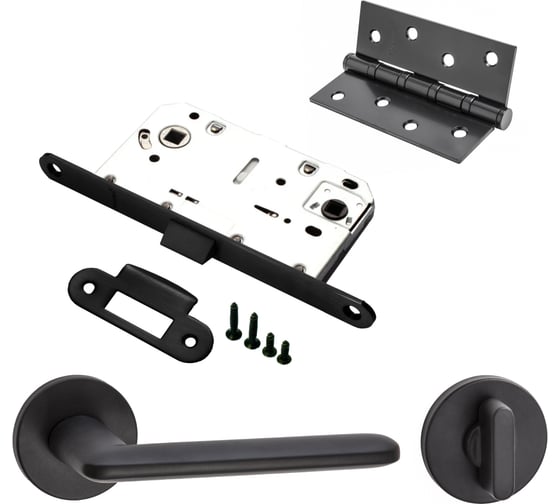 Изображение товара Комплект для межкомнатной двери PAULINIDOR ручки 546-06 slim + сантехническая защелка 96PL + завертка AL 06 slim + врезные петли, 2 шт., черный 546-06slim96PLAL064SBL