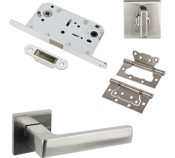 Изображение товара Комплект для межкомнатной двери PAULINIDOR ручки 541-03 slim, сантехническая магнитная защелка 5096, AL 03, петли 2 шт., никель 541-03slim5096AL032SSN