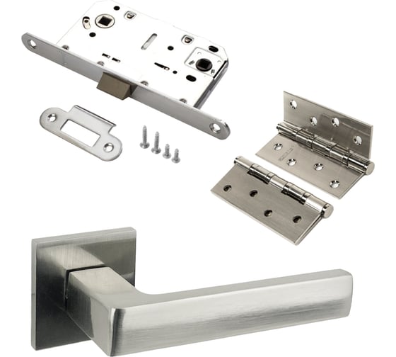 Изображение товара Комплект для межкомнатной двери PAULINIDOR ручки 541-03 slim, сантехническая защелка 96PL, врезные петли 2 шт., никель 541-03slim96PL4SSN