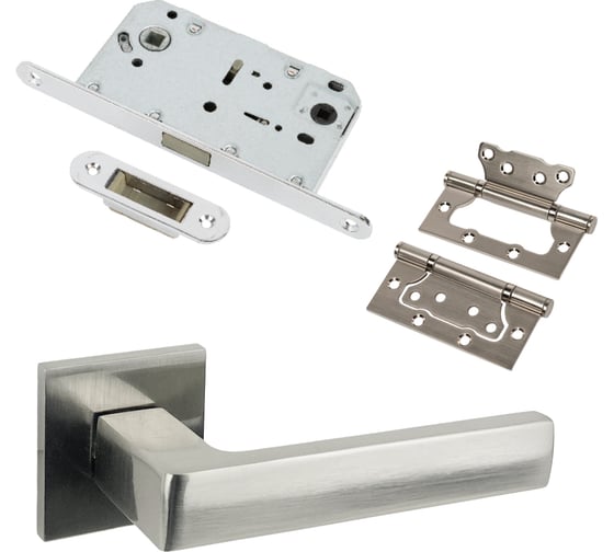 Изображение товара Комплект для межкомнатной двери PAULINIDOR ручки 541-03 slim, сантехническая магнитная защелка 5096, петли 2 шт., никель 541-03slim50962SSN