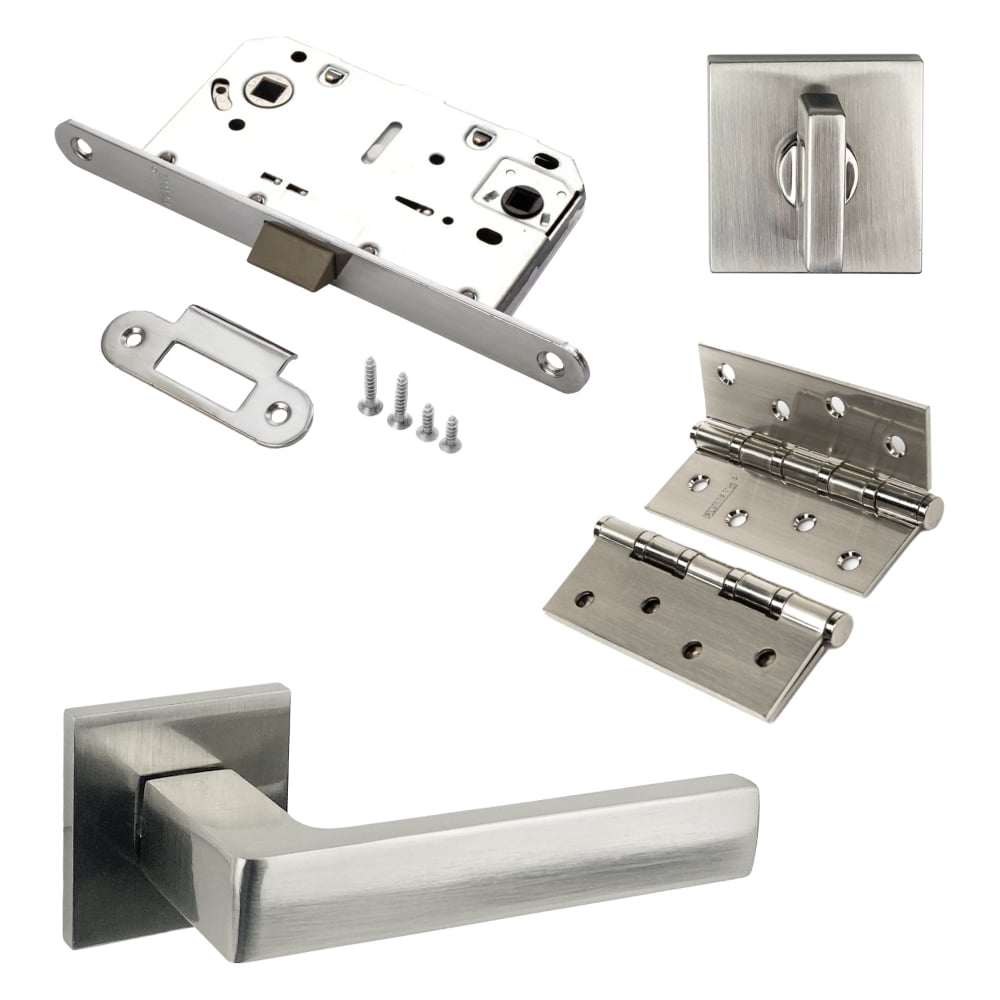 Изображение товара Комплект для межкомнатной двери PAULINIDOR ручки 541-03 slim с защелкой и петлями никель