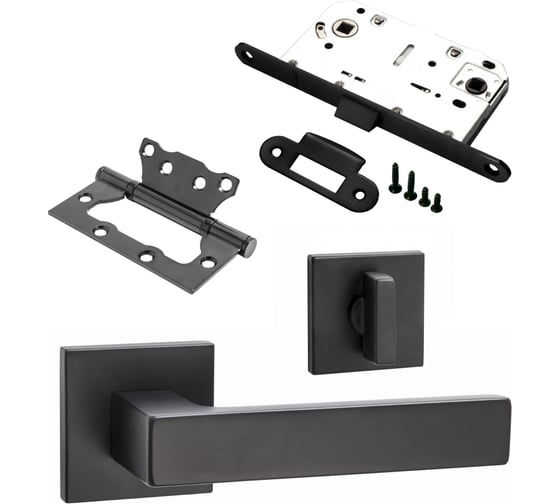 Изображение товара Комплект для межкомнатной двери PAULINIDOR ручки 541-03 slim, сантехническая защелка 96PL, AL 03 slim, петли 2 шт., черный 541-03slim96PLAL032SBL