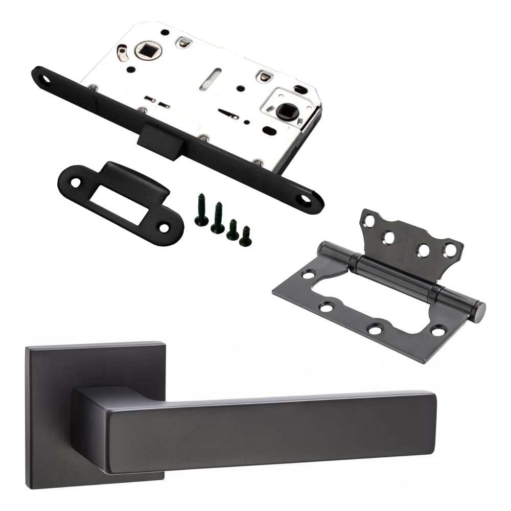 Изображение товара Комплект для межкомнатной двери PAULINIDOR ручки 541-03 slim черный защелка петли