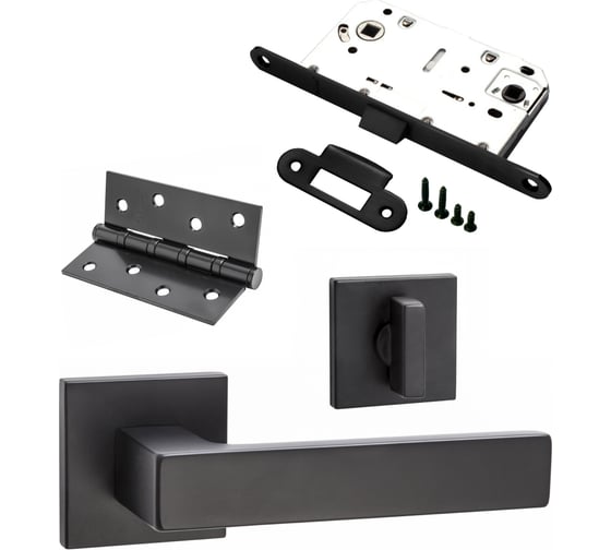Изображение товара Комплект для межкомнатной двери PAULINIDOR ручки 541-03 slim, сантехническая защелка 96PL, AL 03 slim, врезные петли 2 шт., черный 541-03slim96PLAL034SBL
