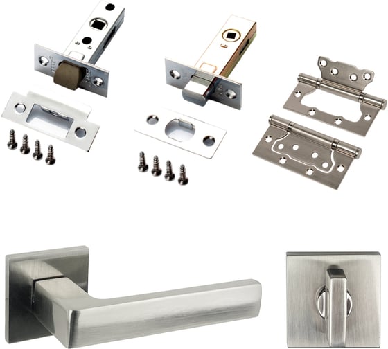 Изображение товара Офисный комплект для двери PAULINIDOR ручки 541-03 slim, защелка 5-45PL, завертка AL 03 slim, задвижка BK45, петли б/врезки 2 шт., никель 541-03slim5-45AL03BK452SSN