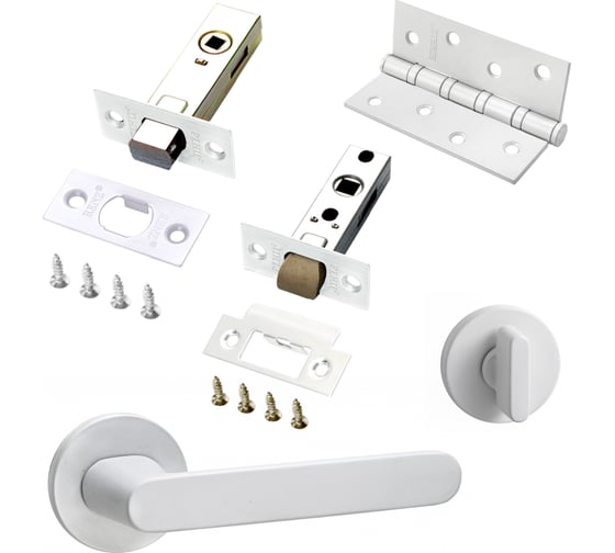 Изображение товара Комплект для межкомнатной двери PAULINIDOR ручки 545-06 slim, 5-45PL, AL 06 slim, BK45, врезные петли 2 шт., белый 545-06slim5-45AL06BK454SMSW