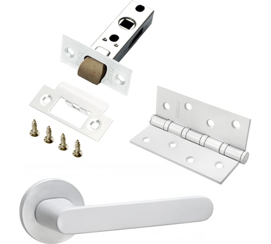 Изображение товара Комплект для межкомнатной двери PAULINIDOR ручки 545-06 slim, защелка 5-45 pl, врезные петли 2 шт., белый 545-06slim5-45pl4SMSW