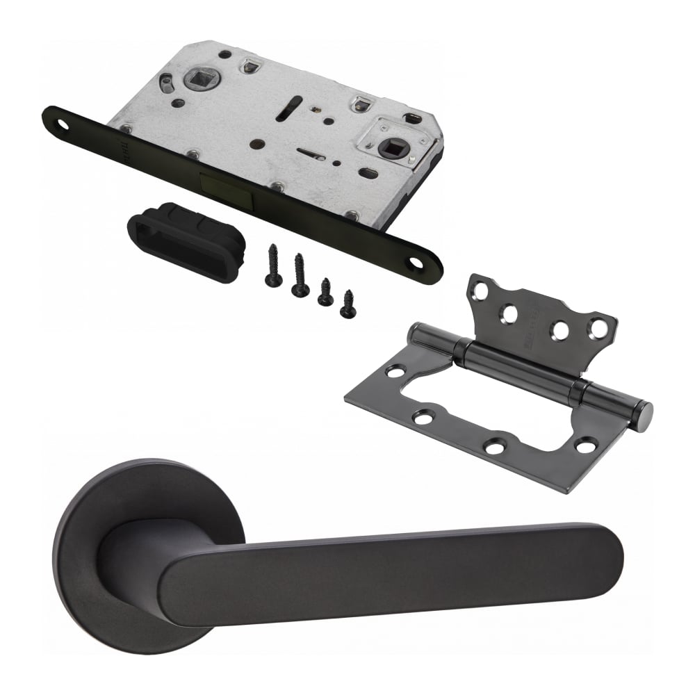 Изображение товара Комплект для межкомнатной двери PAULINIDOR ручки защелка петли черный 545-06 slim