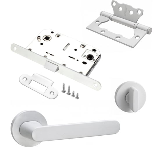 Изображение товара Комплект для межкомнатной двери PAULINIDOR ручки 545-06 slim, сантехническая защелка 96PL, завертка AL 06 slim, петли 2 шт., белый 545-06slim96PLAL062SMSW