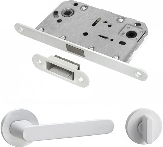 Изображение товара Комплект для межкомнатной двери PAULINIDOR ручки 545-06 slim, сантехническая магнитная защелка 5096, AL 06 slim, белый 545-06slim5096AL06MSW