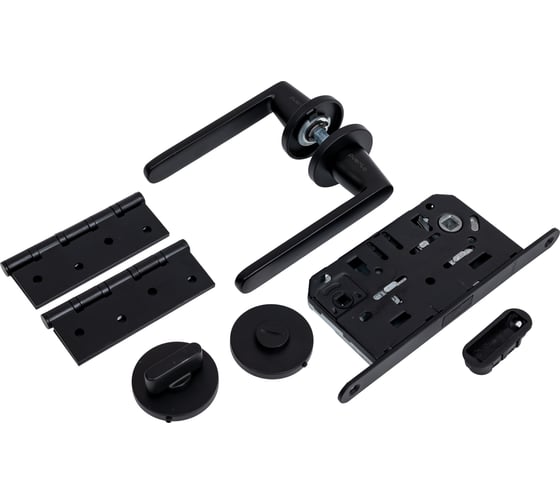 Изображение товара Комплект для межкомнатной двери PAULINIDOR ручки 545-06 slim, сантехническая магнитная защелка 5096, AL 06 slim, врезные петли 2 шт., черный 545-06slim5096AL064SBL