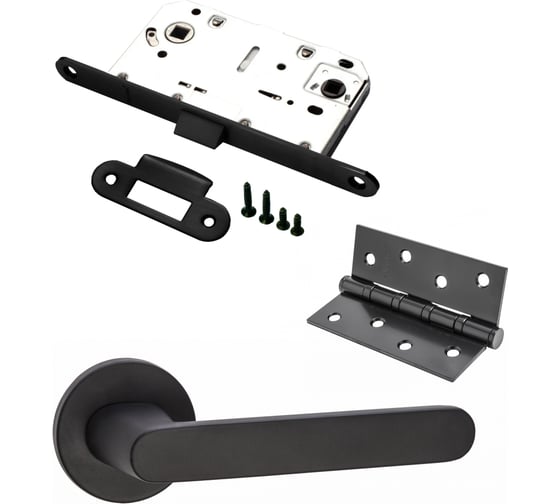 Изображение товара Комплект для межкомнатной двери PAULINIDOR ручки 545-06 slim, сантехническая защелка 96PL, врезные петли 2 шт., черный 545-06slim96PL4SBL