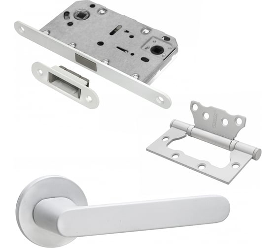 Изображение товара Комплект для межкомнатной двери PAULINIDOR ручки 545-06 slim, сантехническая магнитная защелка 5096, петли б/врезки 2 шт., белый 545-06slim50962SMSW