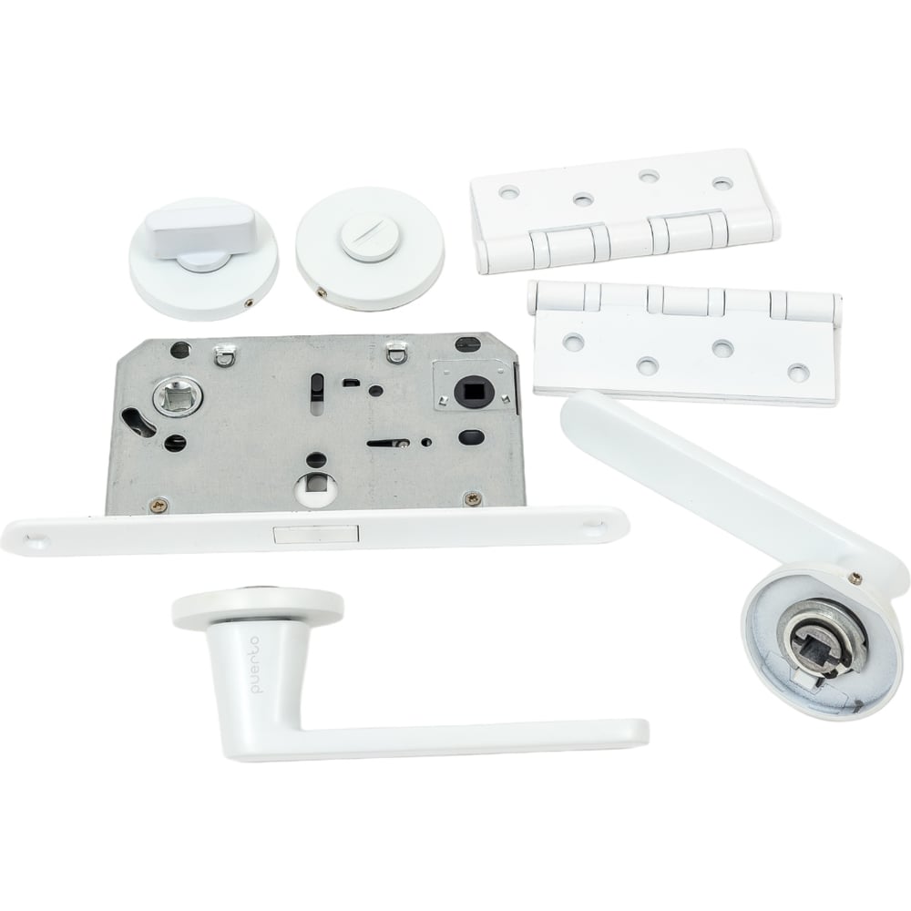 Изображение товара Комплект для межкомнатной двери PAULINIDOR ручки 545-06 slim, сантехническая магнитная защелка 5096, AL 06 slim, врезные петли 2 шт., белый 545-06slim5096AL064SMSW