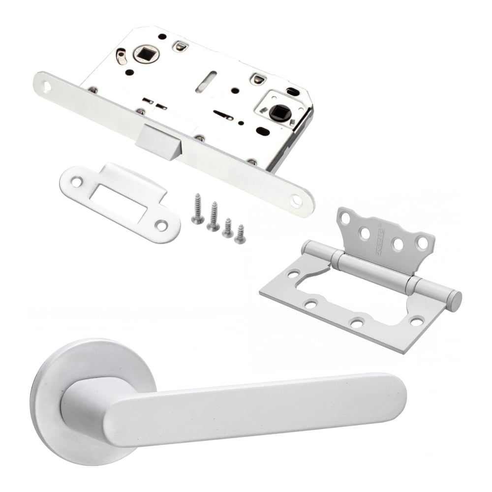 Изображение товара Комплект для межкомнатной двери PAULINIDOR ручки защелка петли белый 545-06slim96PL2SMSW