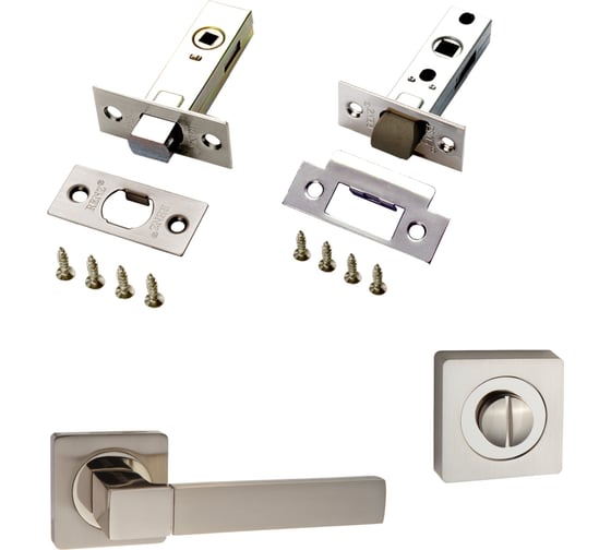 Изображение товара Комплект для межкомнатной двери PAULINIDOR ручки 521-02 + защелка 5-45 plastic + завертка AL 03 + задвижка BK 45, никель матовый 521-025-45AL02BK45SN