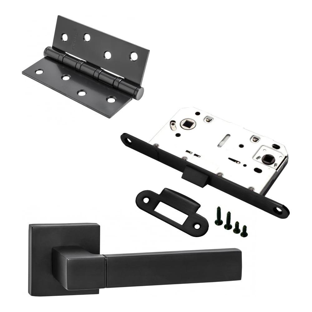 Изображение товара Комплект для межкомнатной двери PAULINIDOR - ручки, защелка и петли черный