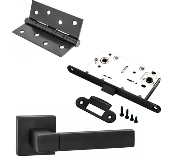 Изображение товара Комплект для межкомнатной двери PAULINIDOR ручки 521-03 + сантехническая защелка 96 PL + врезные петли, 2 шт., черный 521-0396PL4SBL