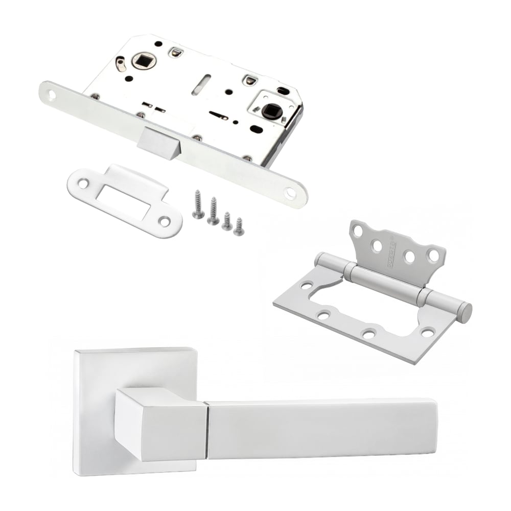 Изображение товара Комплект для межкомнатной двери PAULINIDOR ручки 521-03 + защелка 96 PL + петли белый