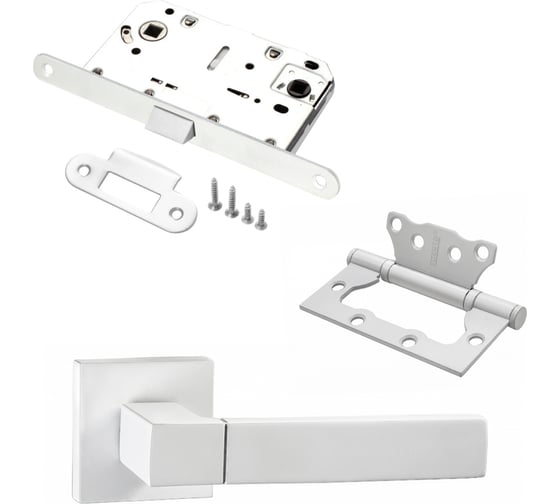 Изображение товара Комплект для межкомнатной двери PAULINIDOR ручки 521-03 + сантехническая защелка 96 PL + петли, 2 шт., белый 521-0396PL2SMSW