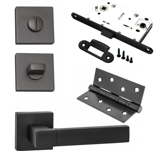 Изображение товара Комплект для межкомнатной двери PAULINIDOR ручки 521-03 + защелка 96 PL + завертка AL 03 + врезные петли, 2 шт., черный 521-0396PLAL034SBL