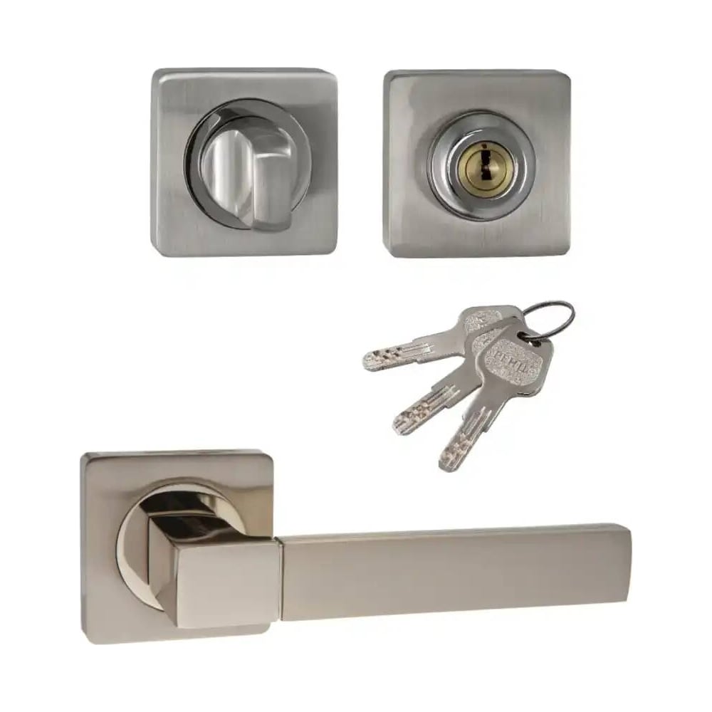 Изображение товара Комплект для межкомнатной двери PAULINIDOR ручки 521-02 и завертка с ключом никель матовый