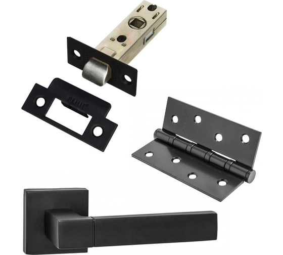 Изображение товара Комплект для межкомнатной двери PAULINIDOR ручки 521-03 + защелка 5-45 plastic + врезные петли, 2 шт., черный 521-035-454SBL