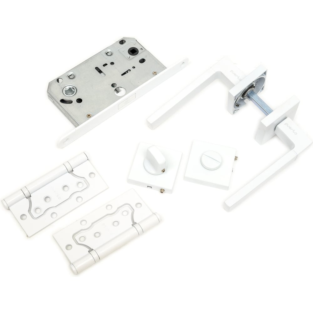 Изображение товара Комплект для межкомнатной двери PAULINIDOR ручки 521-03 + защелка 5096 + завертка AL 03 + петли бел