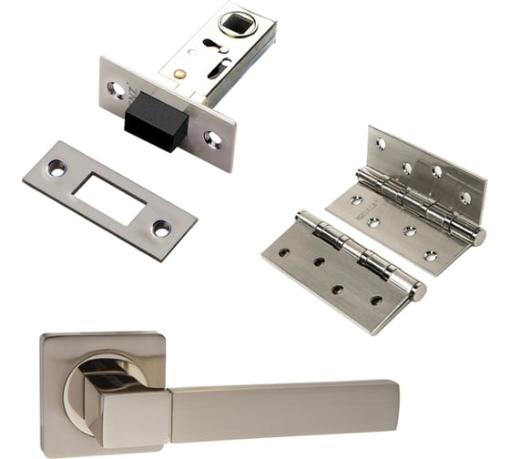 Изображение товара Комплект для межкомнатной двери PAULINIDOR ручки 521-02 + защелка магнитная 5-50 + врезные петли, 2 шт., никель матовый 521-025-504SSN