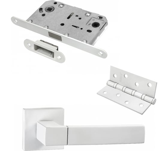 Изображение товара Комплект для межкомнатной двери PAULINIDOR ручки 521-03 + сантехническая магнитная защелка 5096 + врезные петли, 2 шт., белый 521-0350964SMSW