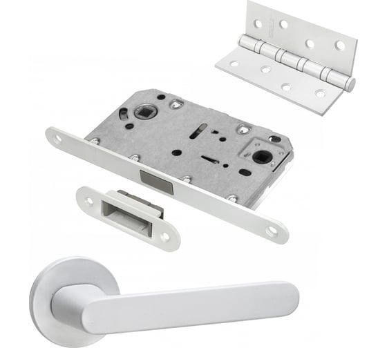 Изображение товара Комплект для межкомнатной двери PAULINIDOR ручки 545-06 slim, сантехническая магнитная защелка 5096, врезные петли 2 шт., белый 545-06slim50964SMSW