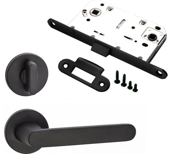 Изображение товара Комплект для межкомнатной двери PAULINIDOR ручки 545-06 slim, сантехническая защелка 96PL, завертка AL 06 slim, черный 545-06slim96PLAL06BL