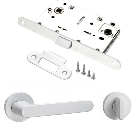 Изображение товара Комплект для межкомнатной двери PAULINIDOR ручки 545-06 slim, сантехническая защелка 96PL, завертка AL 06 slim, белый 545-06slim96PLAL06MSW