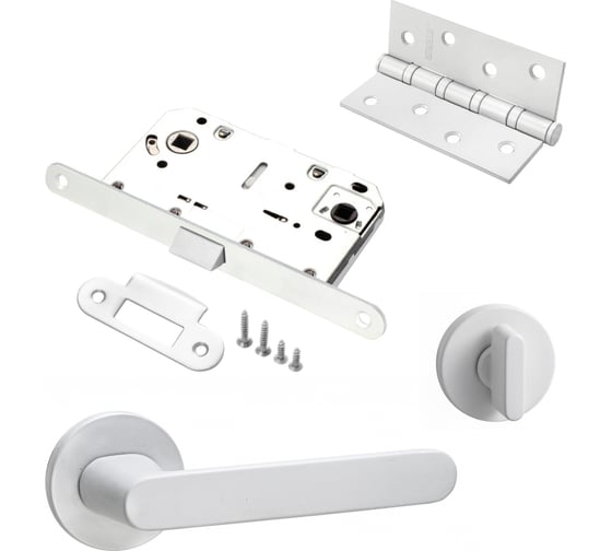 Изображение товара Комплект для межкомнатной двери PAULINIDOR ручки 545-06 slim, сантехническая защелка 96PL, AL 06 slim, врезные петли 2 шт., белый 545-06slim96PLAL064SMSW