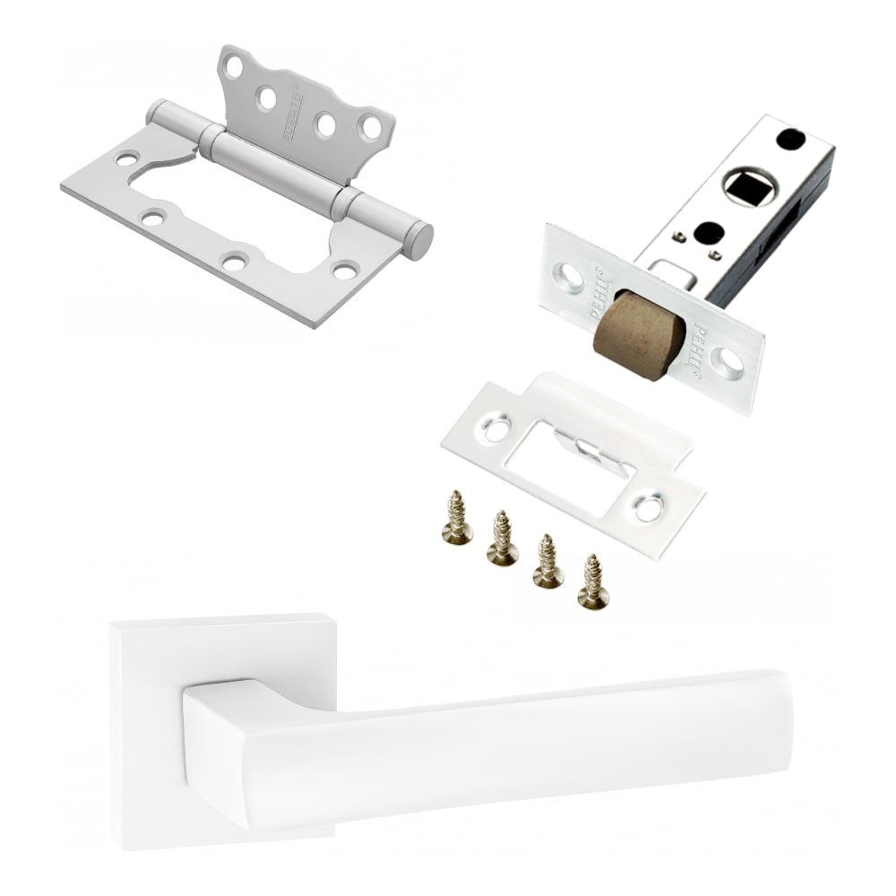 Изображение товара Комплект для межкомнатной двери PAULINIDOR ручки 527-03 + защелка 5-45 plastic + петли, 2 шт., белый 527-03 5-45 2S MSW