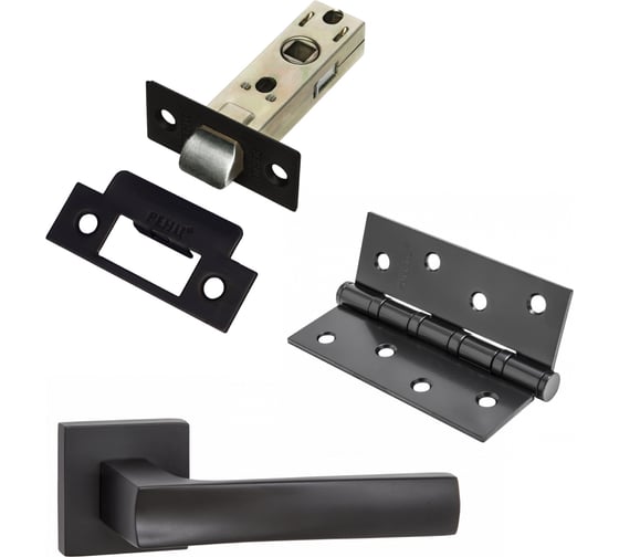 Изображение товара Комплект для межкомнатной двери PAULINIDOR ручки 527-03 + защелка 5-45 plastic + врезные петли, 2 шт., черный 527-03 5-45 4S BL