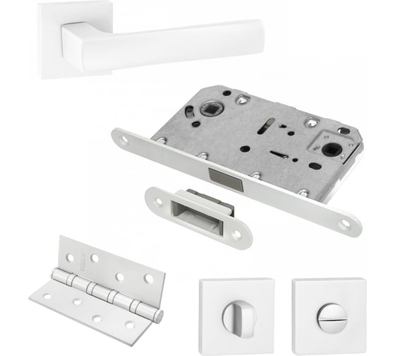 Изображение товара Комплект для межкомнатной двери PAULINIDOR ручки 527-03 + сантехническая магнитная защелка 5096 + завертка AL 03 + врезные петли, 2 шт., белый 527-03 5096 AL03 4S MSW