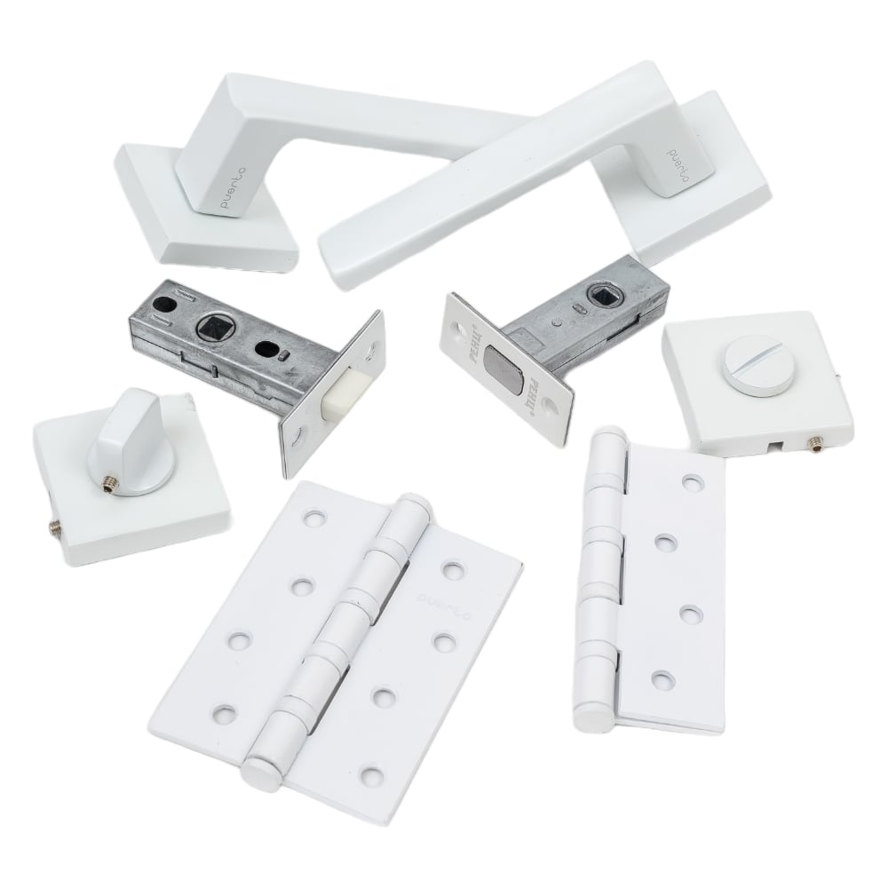 Изображение товара Комплект для межкомнатной двери PAULINIDOR ручки 527-03 + защелка 5-45 + завертка AL 03 + задвижка 45 + врезные петли, 2 шт., белый 527-03 5-45 AL03 BK45 4S MSW