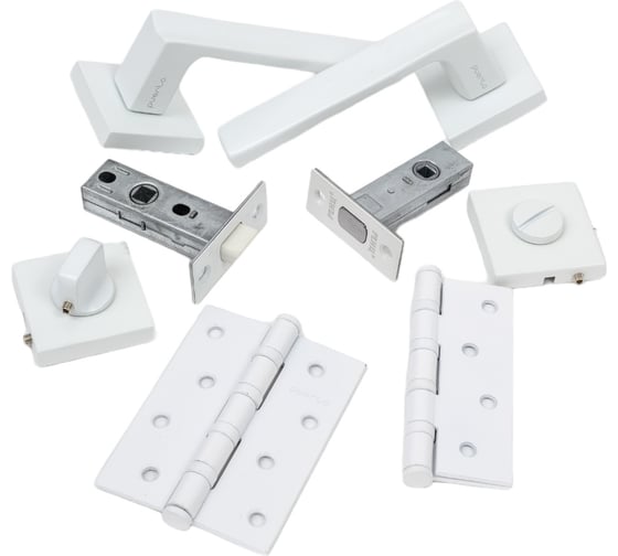 Изображение товара Комплект для межкомнатной двери PAULINIDOR ручки 527-03 + защелка 5-45 + завертка AL 03 + задвижка 45 + врезные петли, 2 шт., белый 527-03 5-45 AL03 BK45 4S MSW
