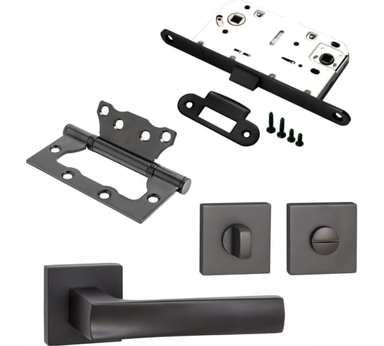 Изображение товара Комплект для межкомнатной двери PAULINIDOR ручки 527-03 + сантехническая защелка 96 PL + завертка AL 03 + петли, 2 шт., черный 527-03 96PL AL 03 2S BL