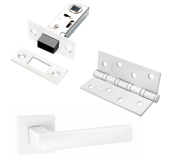 Изображение товара Комплект для межкомнатной двери PAULINIDOR ручки 527-03 + защелка магнитная 5-50 + врезные петли, 2 шт., белый 527-03 5-50 4S MSW