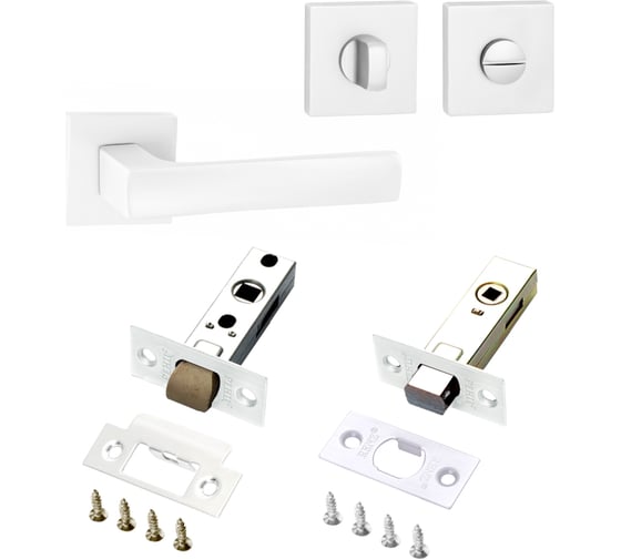 Изображение товара Комплект для межкомнатной двери PAULINIDOR ручки 527-03 + защелка 5-45 plastic + завертка AL 03 + задвижка BK 45, белый 527-03 5-45 AL03 BK45 MSW