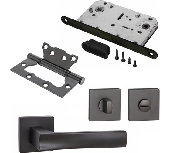 Изображение товара Комплект для межкомнатной двери PAULINIDOR ручки 527-03 + сантехническая магнитная защелка 5096 + завертка AL 03 + петли, 2 шт., черный 527-03 5096 AL03 2S BL