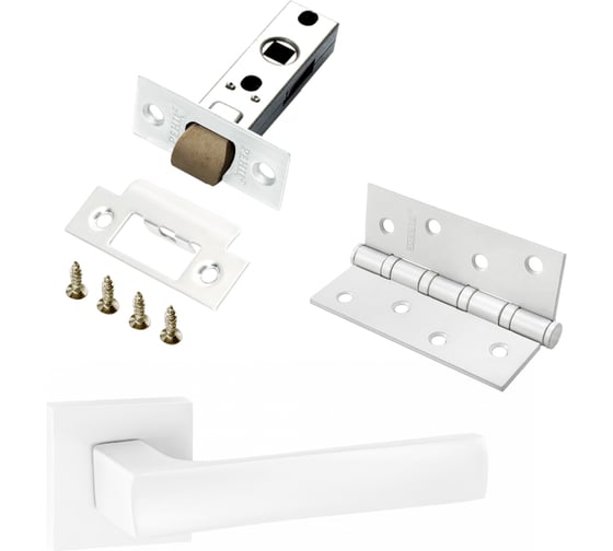 Изображение товара Комплект для межкомнатной двери PAULINIDOR ручки 527-03 + защелка 5-45 plastic + врезные петли, 2 шт., белый 527-03 5-45 4S MSW